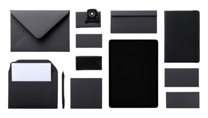 Assorted dark gray/black stationery and tech items arranged in a grid