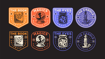spell magic book, crystal ball, eyeballs jar, burning candle, occult object retro badge logo design set for halloween party merchandise and print. vector illustration