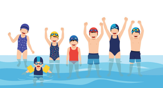 Children happily enjoy swimming lessons in a pool together.