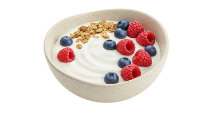 Bowl of yogurt with granola, raspberries, and blueberries isolated, healthy breakfast with fresh fruit and crunchy toppings