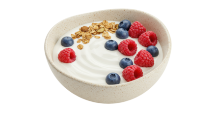 Bowl of yogurt with granola, raspberries, and blueberries isolated, healthy breakfast with fresh fruit and crunchy toppings