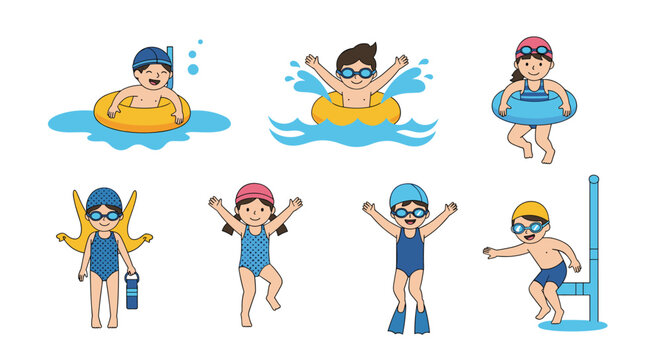 Collection of happy children swimming and playing with water toys.