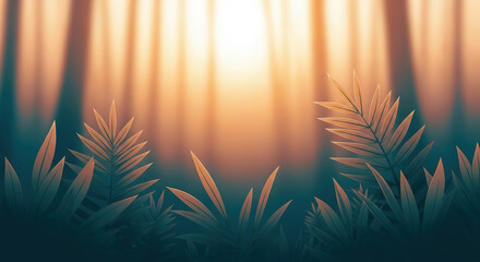 Golden sunbeams filtering through a mystical forest canopy onto lush green foliage