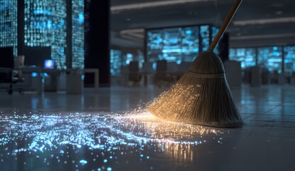 Broom Sweeping Digital Dust in a Futuristic Data Center.