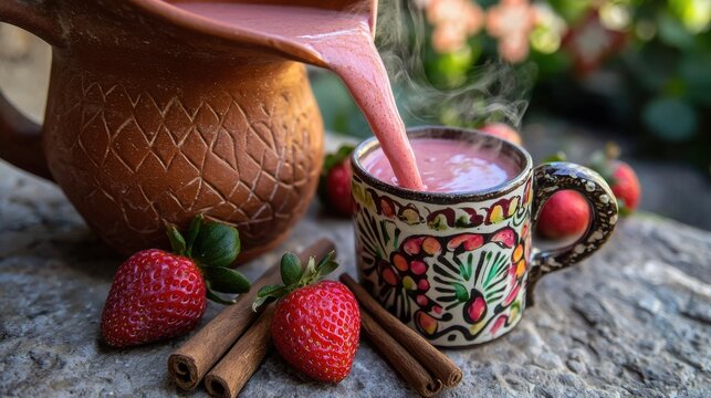 Premium strawberry atole served in authentic Mexican ceramic cup with traditional clay jarra pitcher and fresh strawberries with cinnamon sticks on rustic stone