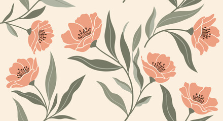 A delicate pattern of peach colored flowers and muted green leaves on a cream background.