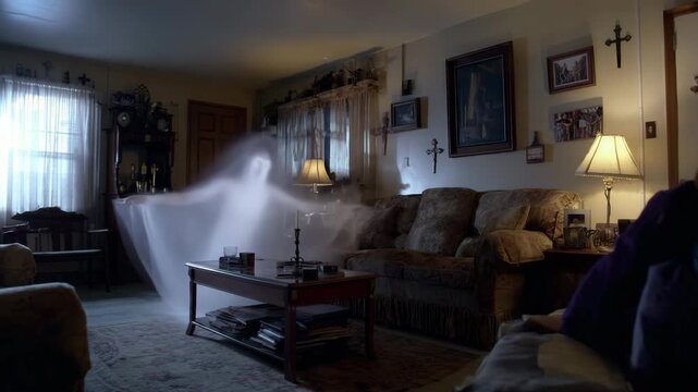 Classic Ghost Apparition Floating in Vintage Living Room, Supernatural Haunted House Scene, Daylight Paranormal Encounter, Eerie Atmosphere