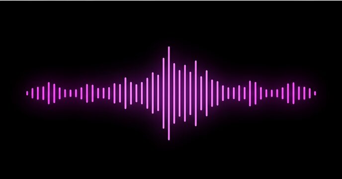 Vibrant purple neon sound wave graphic pulsating with energy against a stark black background representing audio visualization and digital music - Powered by Adobe
