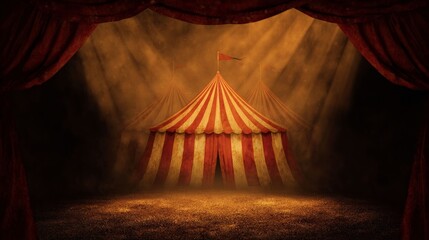 Grand Circus Tent under Spotlight: Witness a captivating spectacle as a majestic big top circus tent stands centered on the stage, framed by elegant drapes.
