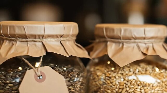 Glass jars filled with various grains and seeds on a shelf.
