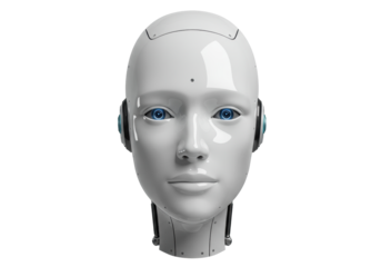 Humanoid robot head with blue eyes isolated on transparent PNG, artificial intelligence and futuristic technology concept