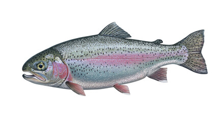 Naklejka premium Rainbow trout isolated on transparent background, freshwater fish with colorful iridescent stripe and black spots in PNG format