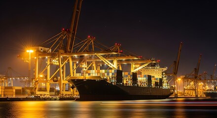 Obraz premium Container ship docked at a bustling port at night, illuminated by bright industrial lights, reflecting on the calm water.