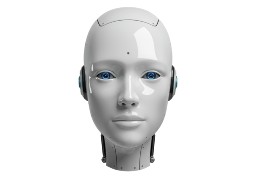 Humanoid robot head with blue eyes isolated on transparent PNG, artificial intelligence and futuristic technology concept