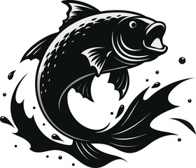 Black and white illustration of a fish jumping out of water with splashes leaping splashing vector illustration EPS file download.
