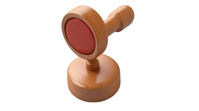 Wooden stamp with red ink pad for official use on transparent background