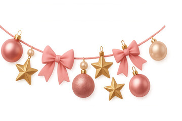 Christmas garland decoration with pink ribbon bows, golden stars, ornaments, and pearl accents on transparent background