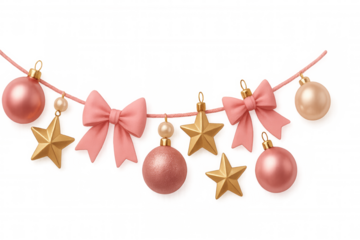 Christmas garland decoration with pink ribbon bows, golden stars, ornaments, and pearl accents on transparent background