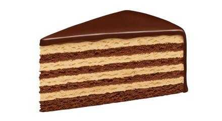 Delicious chocolate cake slice isolated on transparent background, layered dessert with creamy filling and rich ganache for patisserie menu