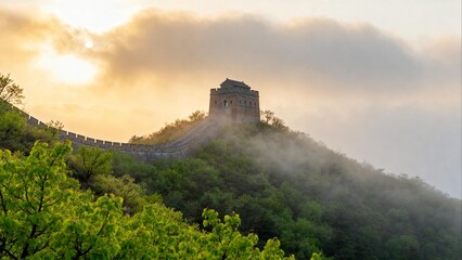 Fototapeta premium Great Wall on misty mountain at sunrise