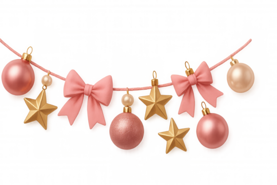 Christmas garland decoration with pink ribbon bows, golden stars, ornaments, and pearl accents on transparent background