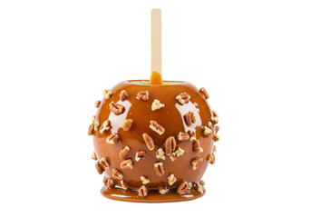 Delicious caramel apple with pecans isolated on transparent background, sweet treat for fall festivals and Halloween parties