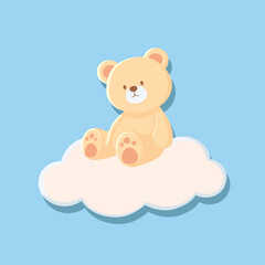 Adorable teddy bear sitting on a fluffy cloud against a blue sky background. The charming design is perfect for children's themes, nurseries, and playful decor.