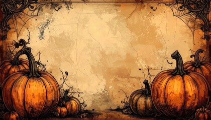 Antique Halloween background showing vintage pumpkins on aged parchment paper texture