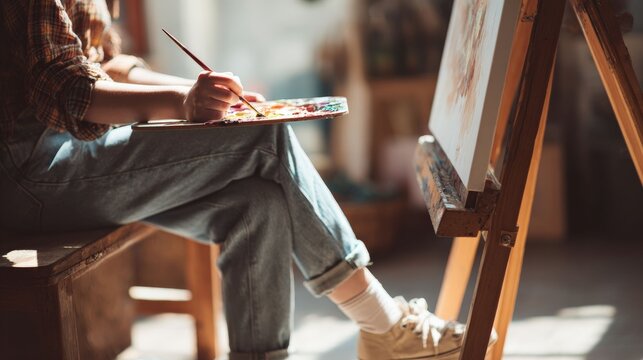Artisan at Work: A creative individual skillfully paints on canvas, with meticulous brushstrokes. The scene radiates artistic endeavor and imaginative expression.