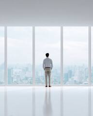 Fototapeta premium Thoughtful businessman looking out large office window at cityscape. pensive vision of future, success, and ambition in modern corporate setting