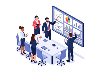 3D isometric illustration of business professionals in a boardroom meeting analyzing growth charts and financial reports, highlighting teamwork, strategy, and corporate decision-making