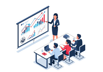 3D isometric illustration of business professionals in a conference room presentation analyzing market growth charts, focusing on strategy, teamwork, and corporate decision-making