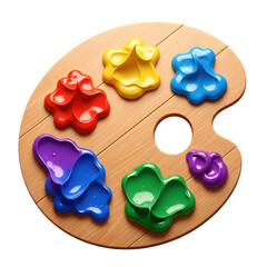 Fototapeta premium Artist s wooden paint palette with colorful blobs of oil paint including red blue yellow green purple and violet isolated on transparent background