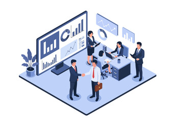 3D isometric illustration of business professionals discussing charts and reports, shaking hands, and collaborating in an office environment, symbolizing teamwork, partnership, and financial growth