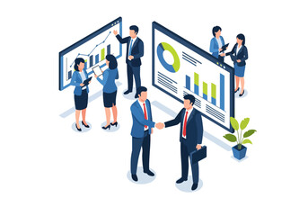 3D isometric illustration of business professionals discussing charts and reports, shaking hands, and collaborating in an office environment, symbolizing teamwork, partnership, and financial growth