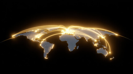 Glowing world map showing global communication and technology. Data line connecting points on network, representing futuristic transfer of information and globalization