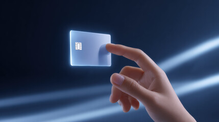 Human hand makes touch on futuristic transparent credit card. visible microchip represents digital payment technology and sense of wonder for future