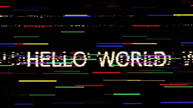 Glitchy Hello World Text Effect with Digital Noise and Colorful Lines.