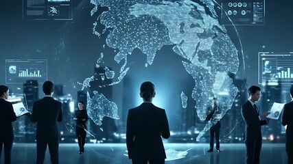 Global business team analyzing digital world map data on futuristic screens. - Powered by Adobe