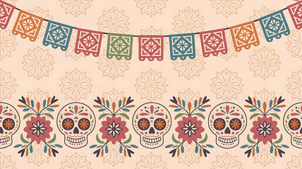 Day of the dead celebration with colorful papel picado banners and floral skull decorations