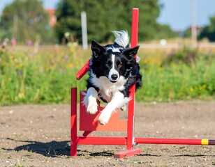Border collie jumps through agility training jump