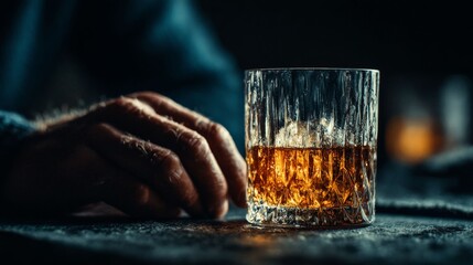 Whiskey On The Rocks: Capturing the sophisticated simplicity of a neatly poured glass of amber whiskey, complete with a few ice cubes, against a moody, inviting backdrop.