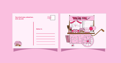 cute Valentine's Day postcard with a funfair food cart