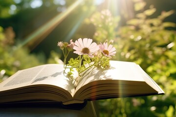 Open book rests outside, blossoms inserted, glowing light filtering down