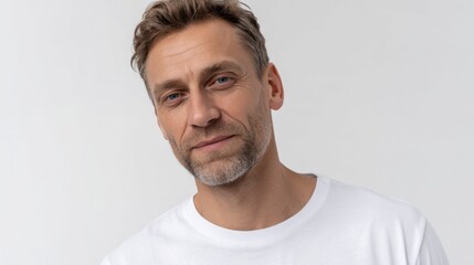 Fototapeta premium Man in a white t-shirt smiling with confidence, showcasing a calm demeanor at home