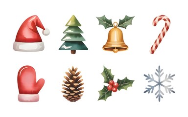 Watercolor christmas elements isolated on white background santa hat, tree, bell, candy cane, mitten, pine cone, holly, and snowflake