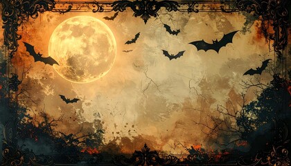 Gothic vintage Halloween wallpaper with glowing moon and bats on distressed parchment