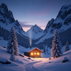 Fototapeta premium Snowy Mountain Cabin at Dawn.