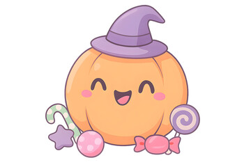 Pastel Halloween Pumpkin Clipart with Cute Face and Witch Hat PNG