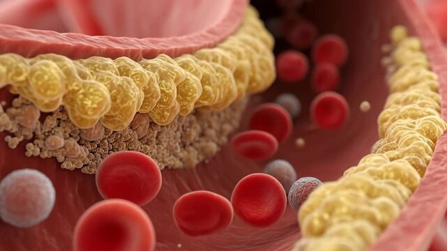 Medical animation of atherosclerosis, the buildup of cholesterol plaque in an artery. Red and white blood cells are shown flowing through the narrowed vessel, illustrating a risk factor for heart dise